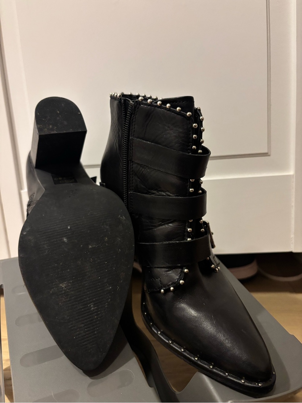 Steve Madden Black Studded Triple-Buckle Ankle Booties - Picture 6 of 7
